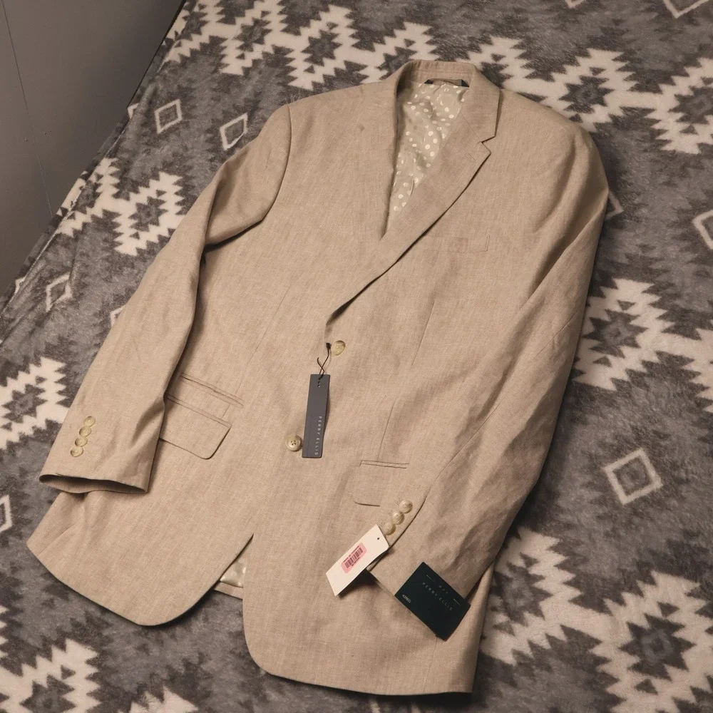 Perry Ellis Mens Tan Linen Blend 2 Button Blazer Sport Coat 42R New